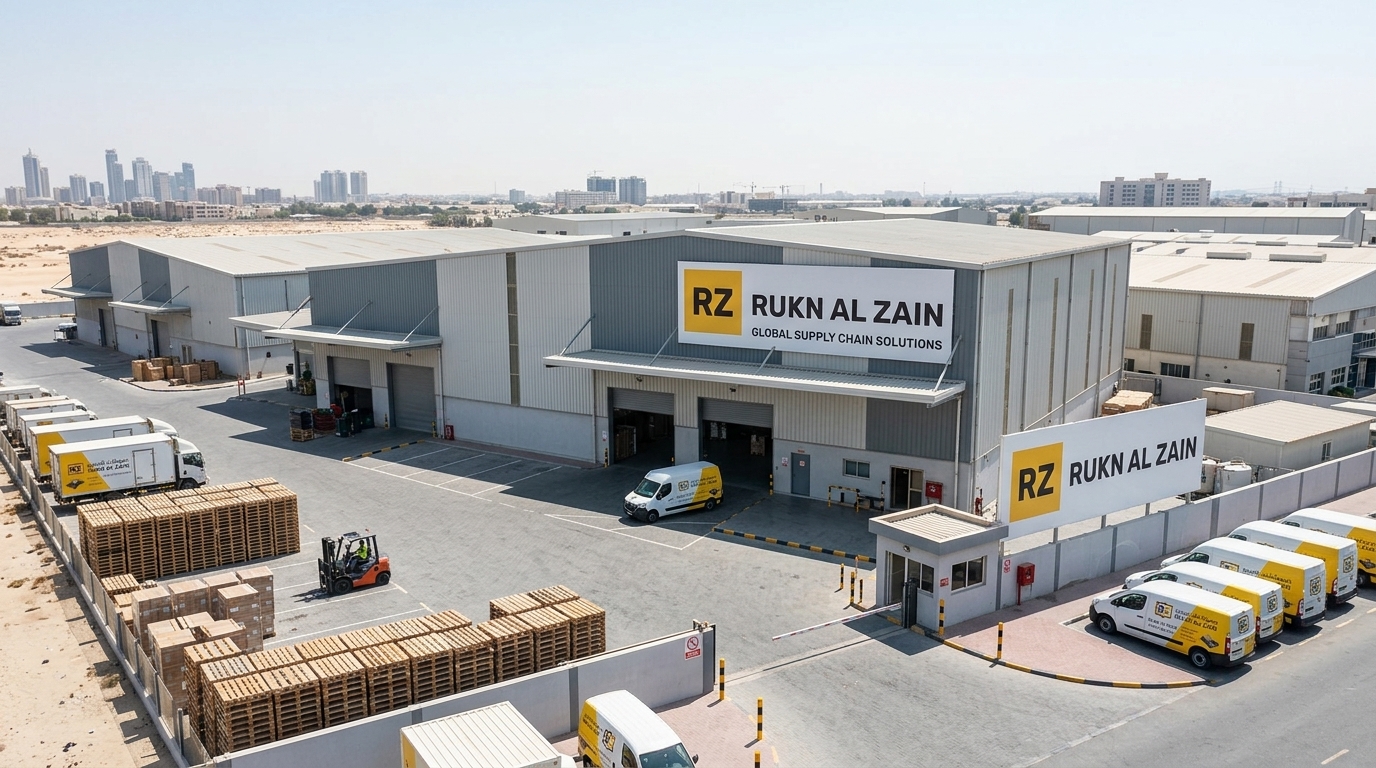 Rukn Al Zain delivery fleet dispatching rubber flooring pallets to project sites across the UAE
