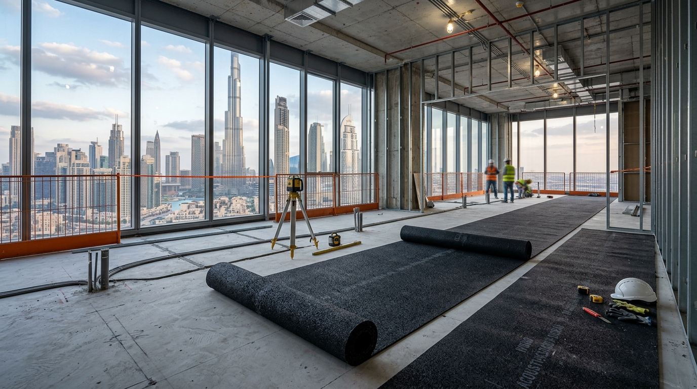 High-performance recycled rubber acoustic underlay laid on concrete floor in a Dubai high-rise project.