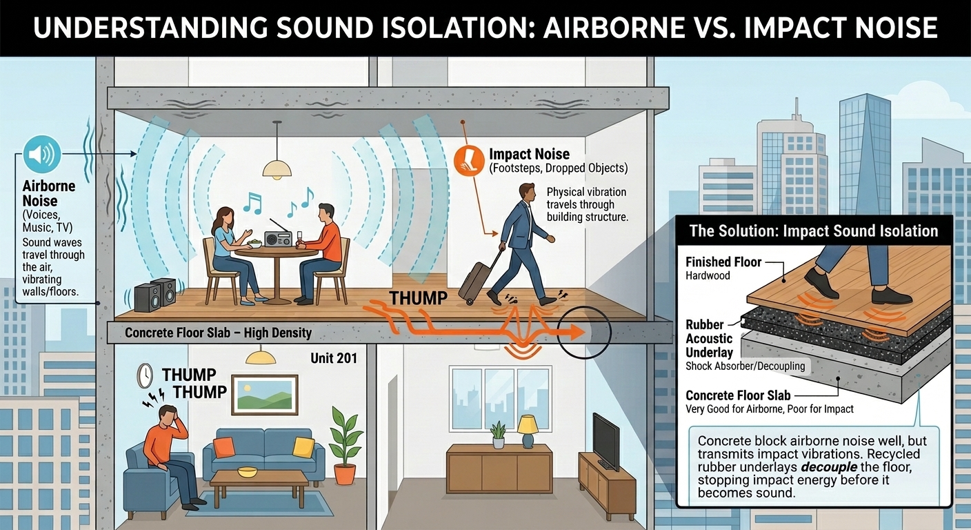Diagram comparing airborne noise and impact noise travelling through a concrete floor slab between building levels, with a recycled rubber acoustic underlay absorbing the impact energy.