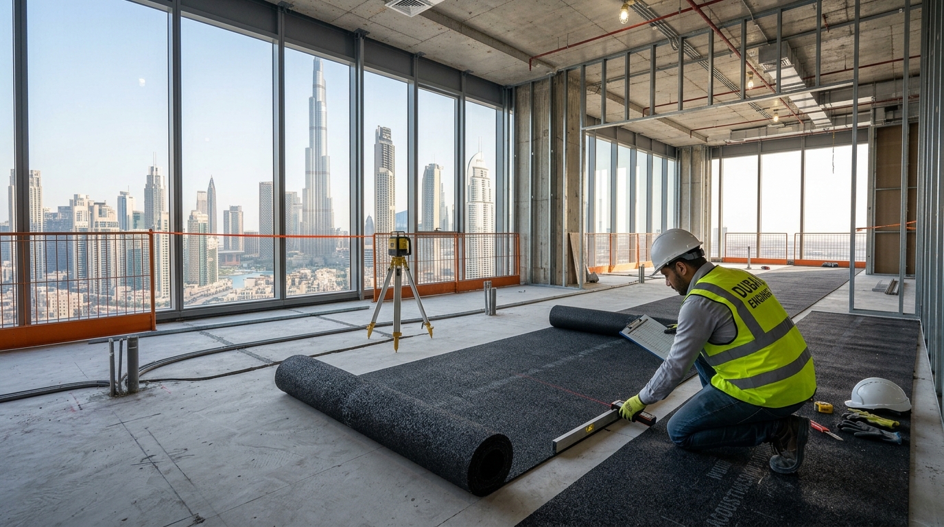 Engineer inspecting a concrete subfloor before acoustic underlay installation in a Dubai high-rise.