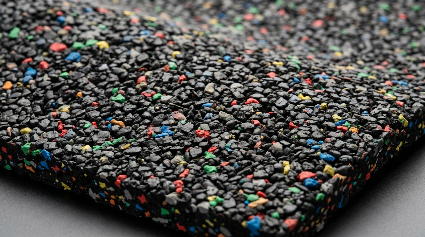 Close-up macro texture of compressed recycled crumb rubber used in acoustic floor underlays.