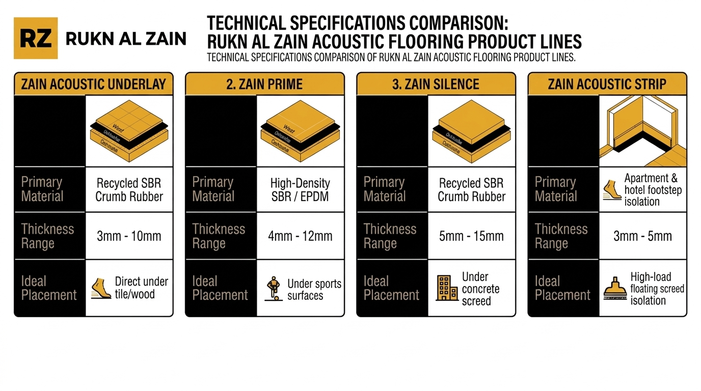 Comparison chart of Rukn Al Zain acoustic flooring product lines — Zain Acoustic Underlay, Zain Prime, Zain Silence and Zain Acoustic Strip — showing material, thickness range and typical placement.