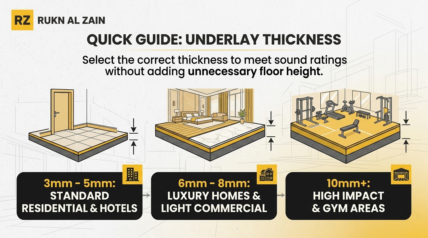 Rukn Al Zain acoustic underlay thickness selection guide showing recommended 3–5 mm, 6–8 mm and 10 mm-plus recycled rubber underlay ranges for residential, luxury and high-vibration projects.