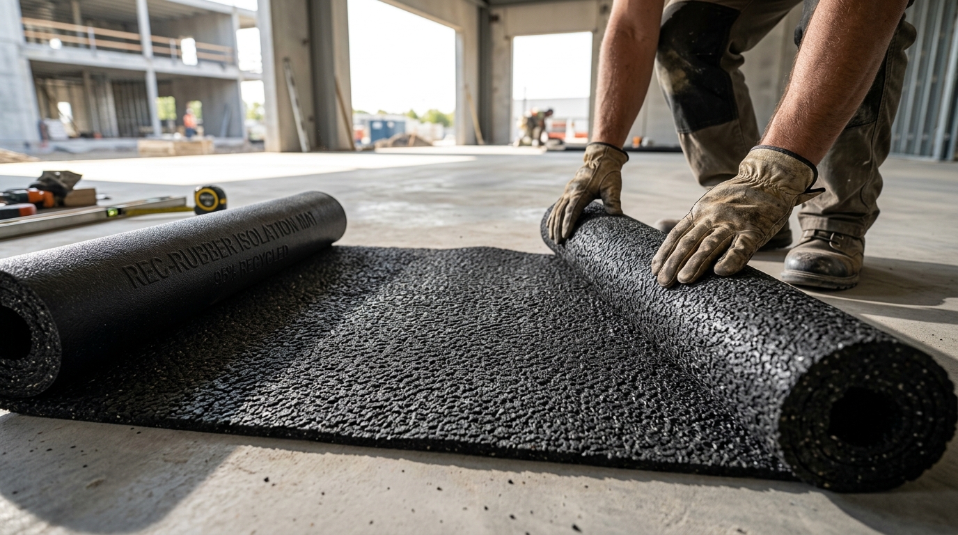 Construction worker laying a heavy-duty recycled rubber screed isolation mat on a concrete slab in Dubai.