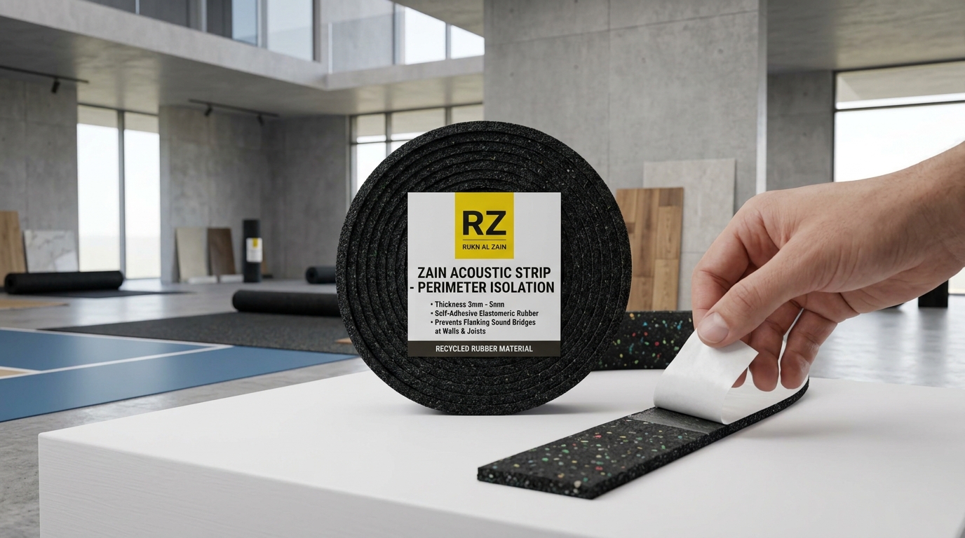 Zain Acoustic Strip self-adhesive rubber perimeter isolation tape by Rukn Al Zain for preventing wall flanking noise in Dubai.