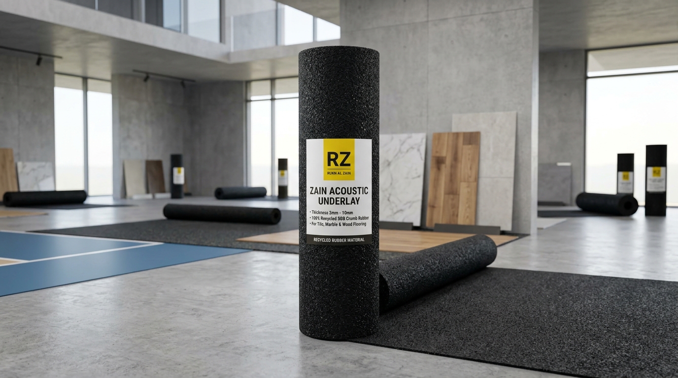 Zain Acoustic Underlay recycled rubber roll by Rukn Al Zain for floor soundproofing under tiles and wood in Dubai.