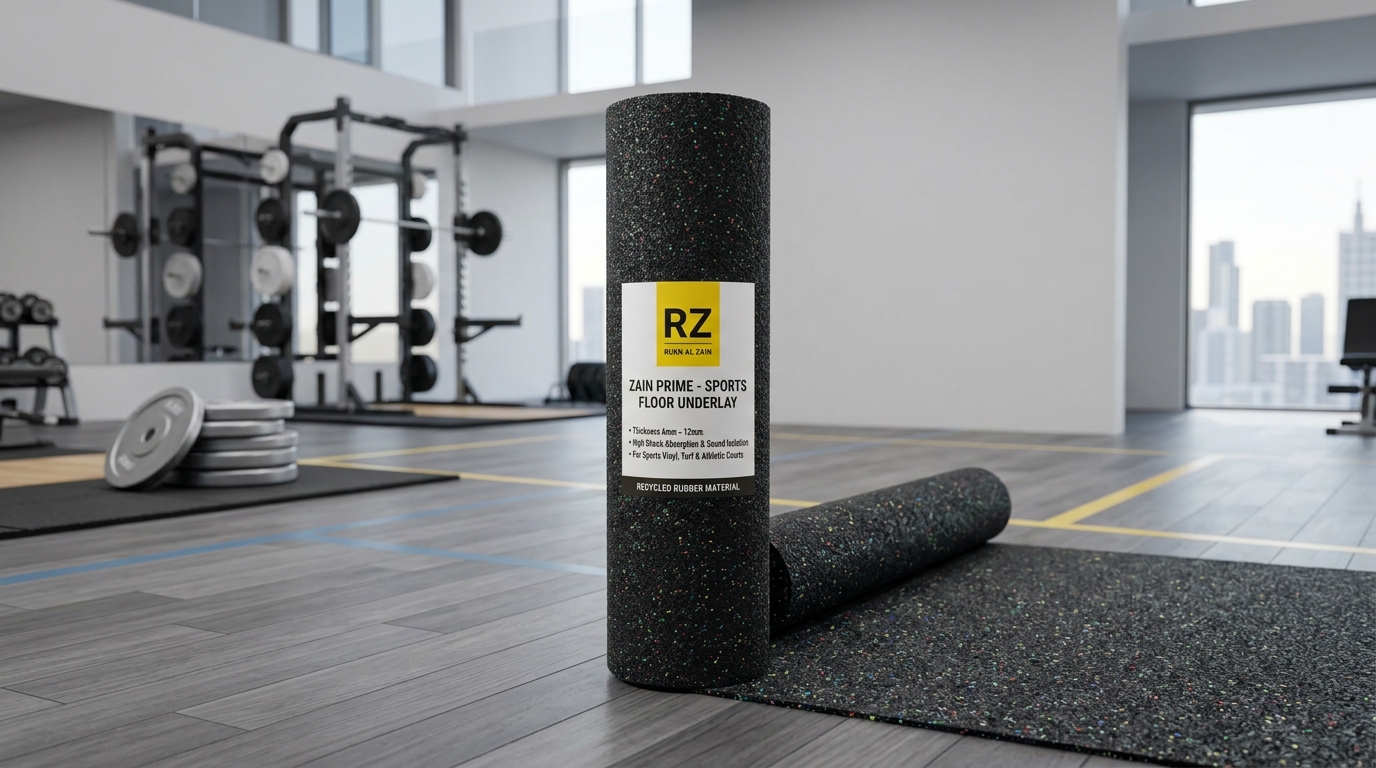 Zain Prime sports floor acoustic rubber underlay roll by Rukn Al Zain for sports halls and fitness studios in Dubai.
