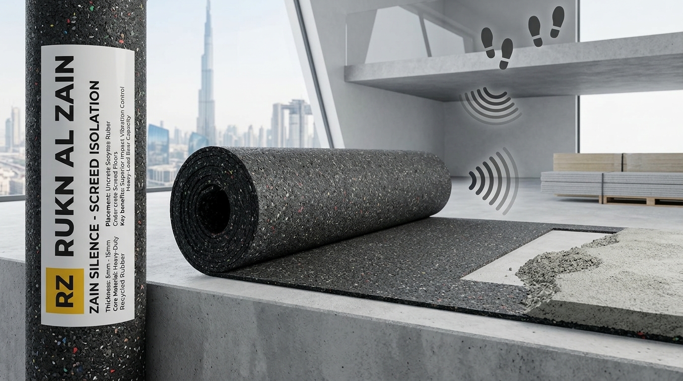 Zain Silence screed isolation acoustic rubber membrane roll by Rukn Al Zain for under-screed soundproofing in commercial towers and high-rises in Dubai.
