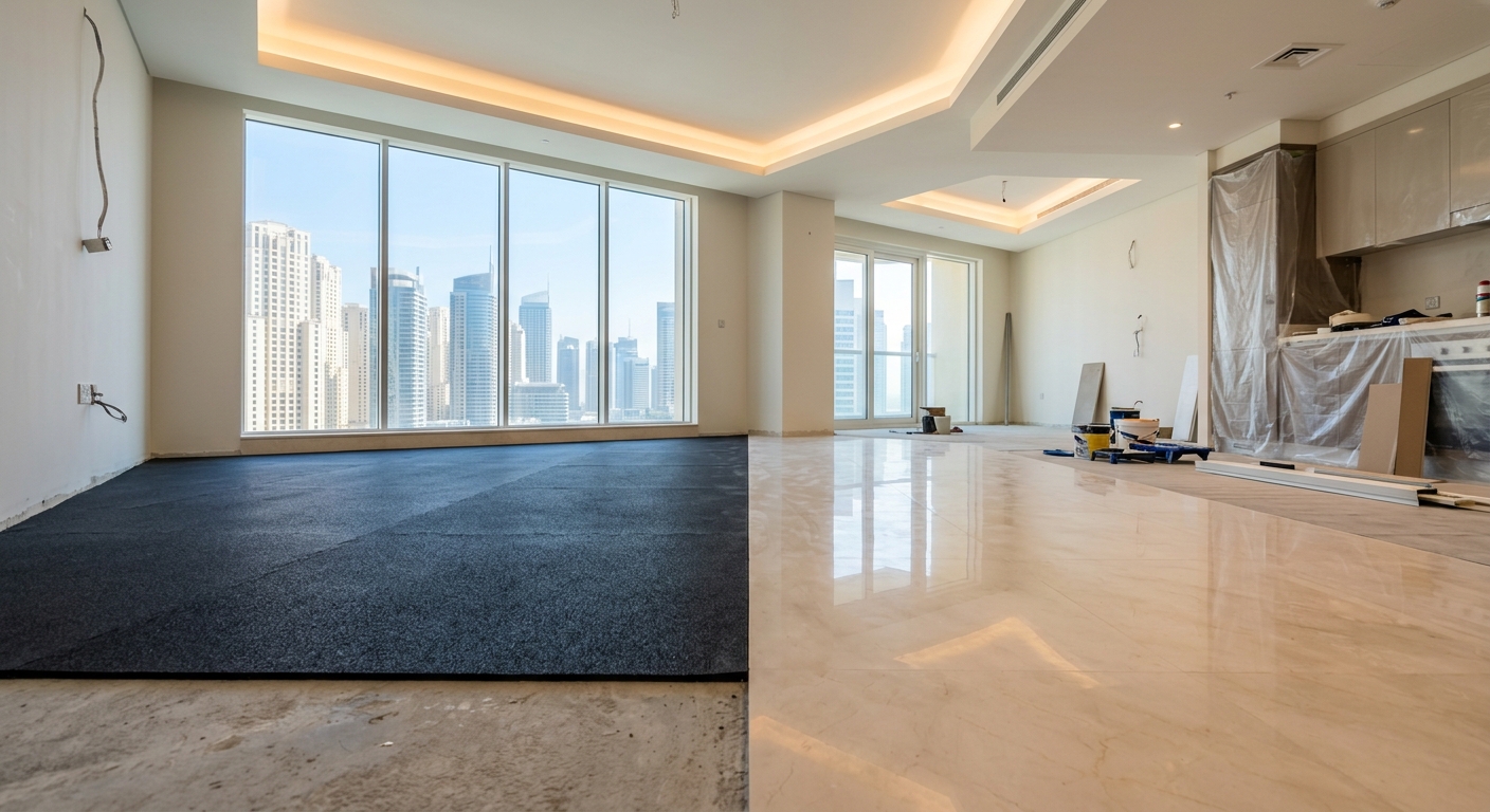 High-rise luxury apartment in Dubai undergoing floor installation with ZainAcoustic soundproofing underlayment