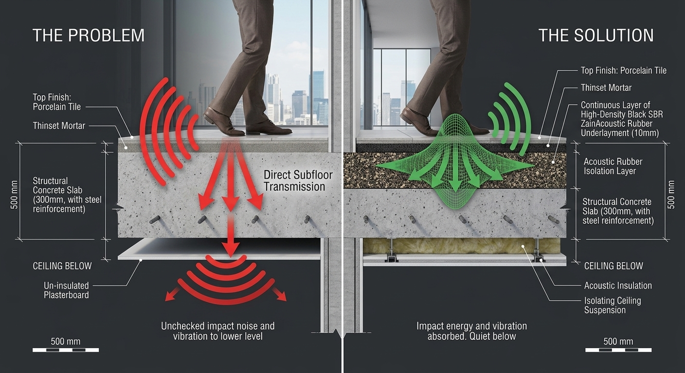 Side-by-side diagram showing unmitigated structural vibration through a bare concrete slab versus kinetic shock absorbed by ZainAcoustic underlayment in a Dubai high-rise