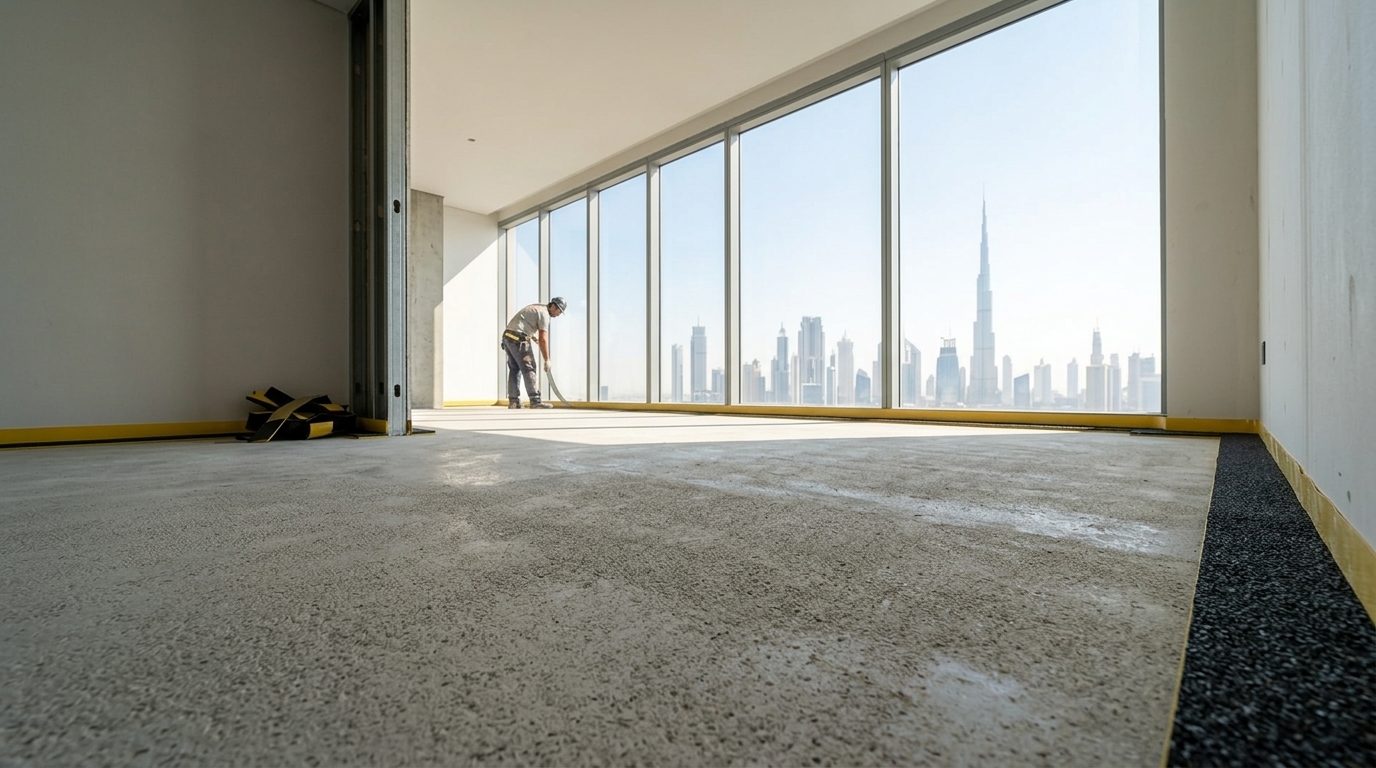 Zain Acoustic Strip perimeter isolation installed along floor-to-wall joints in a Dubai high-rise apartment with skyline views