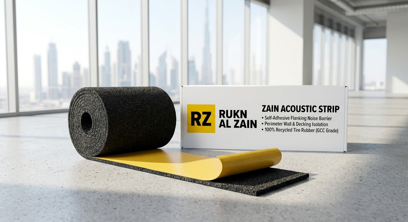Zain Acoustic Strip self-adhesive rubber roll displayed with official Rukn Al Zain product label sleeve in a Dubai commercial showroom