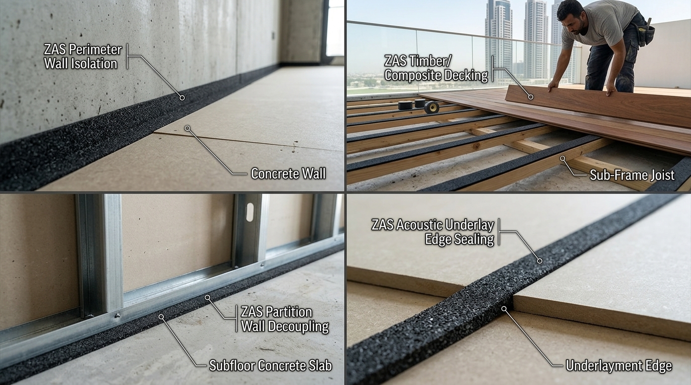 Four-panel architectural diagram displaying key site applications for Zain Acoustic Strip including perimeter walls, decking joists, partition framing, and underlay joint sealing in Dubai
