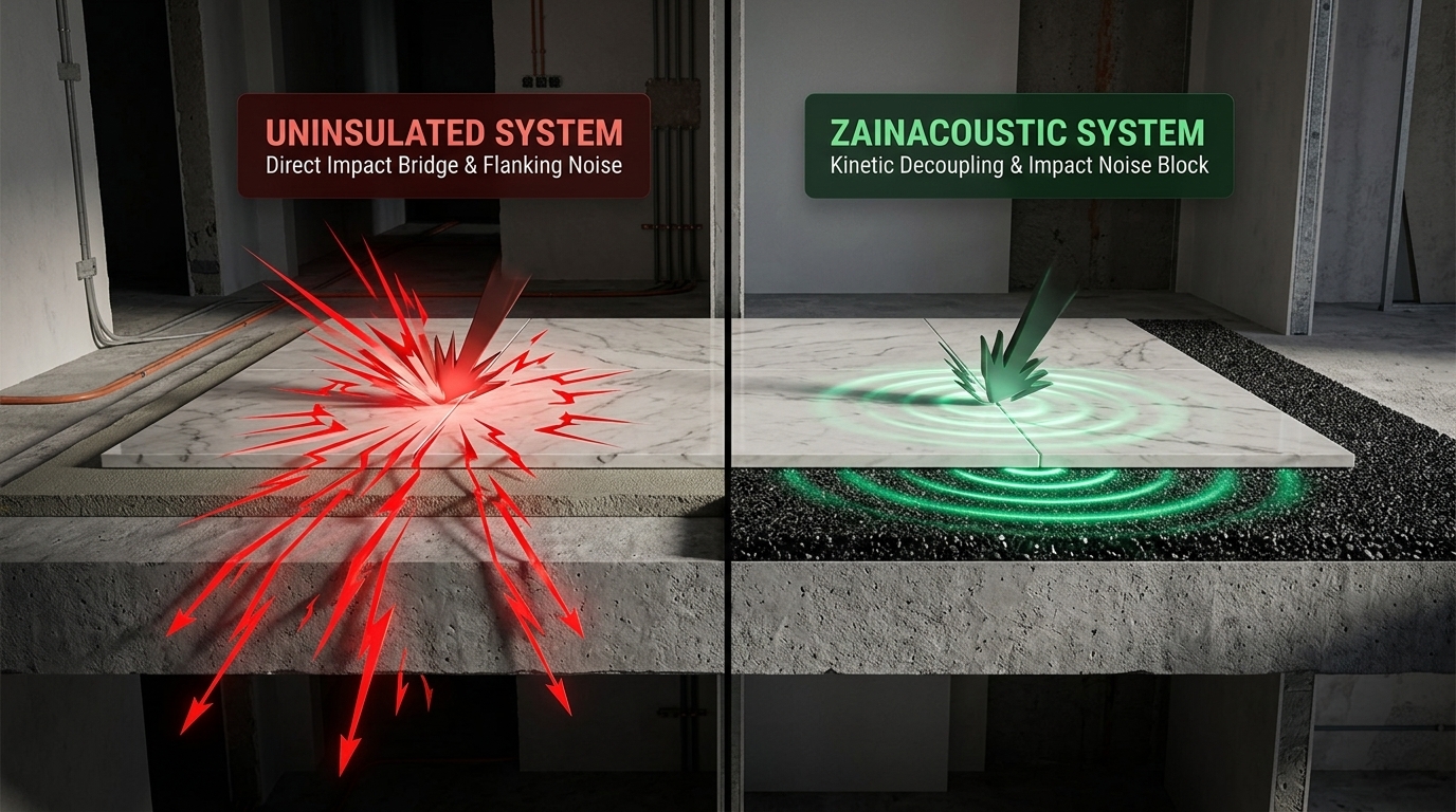 Architectural 3D cross-section diagram showing Zain Acoustic Strip eliminating flanking sound transmission at the floor-to-wall joint in a Dubai high-rise