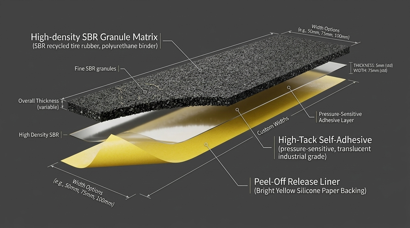 Architectural 3D technical breakdown diagram detailing the layer composition, dimensions, and adhesive backing of Zain Acoustic Strip