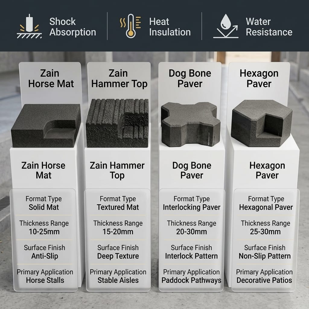 Technical specification matrix graphic comparing Rukn Al Zain agricultural rubber mats and pavers.