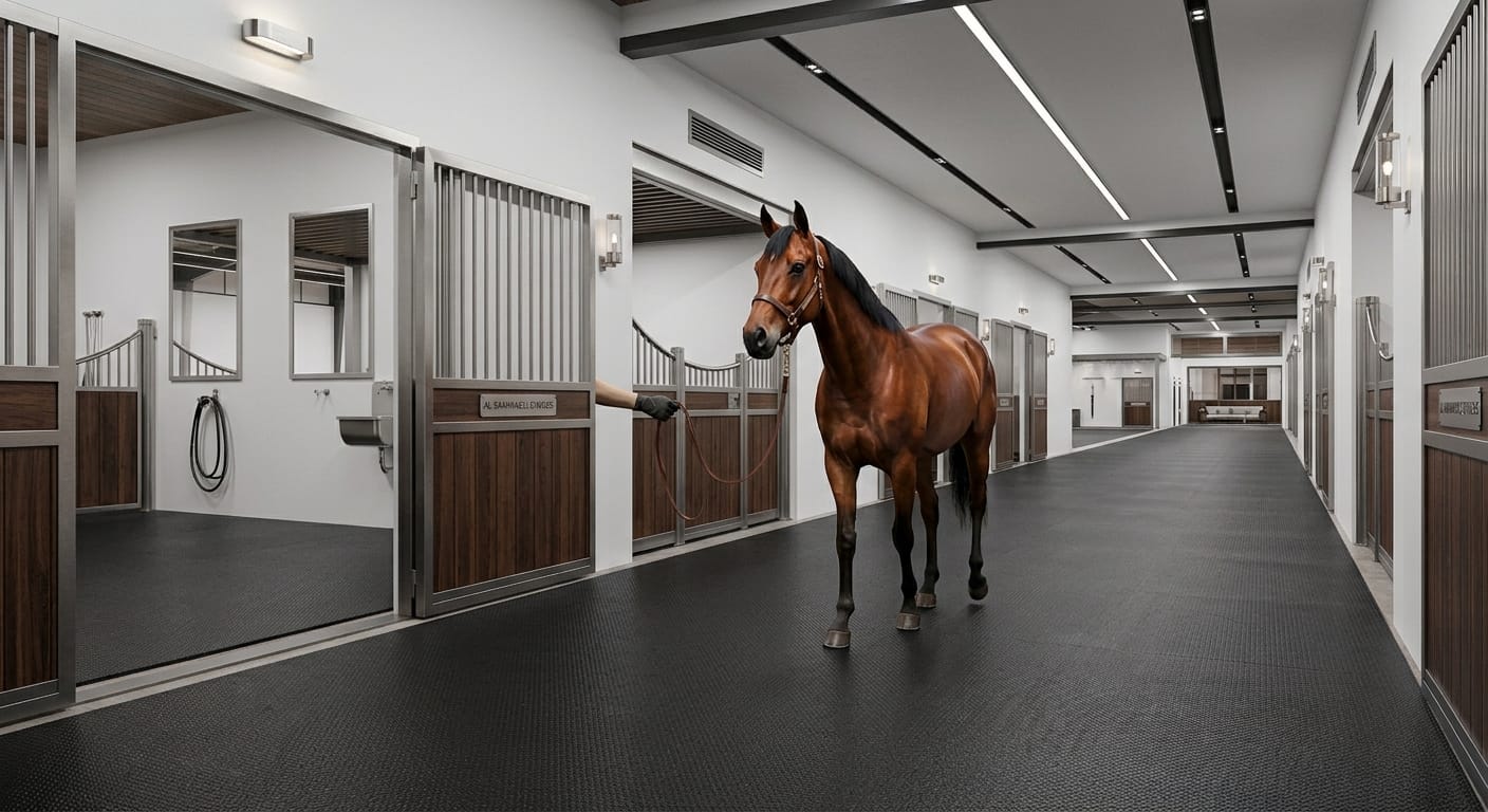 Heavy-duty rubber stable flooring installed in a luxury desert equestrian center in Dubai, UAE.