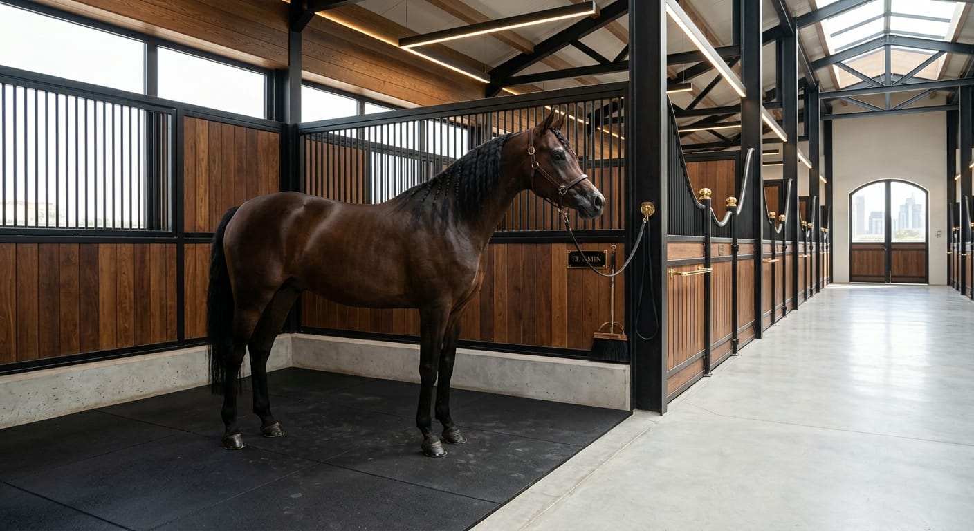 Heavy-duty rubber stable mats installed in an equestrian stall in Dubai, UAE.