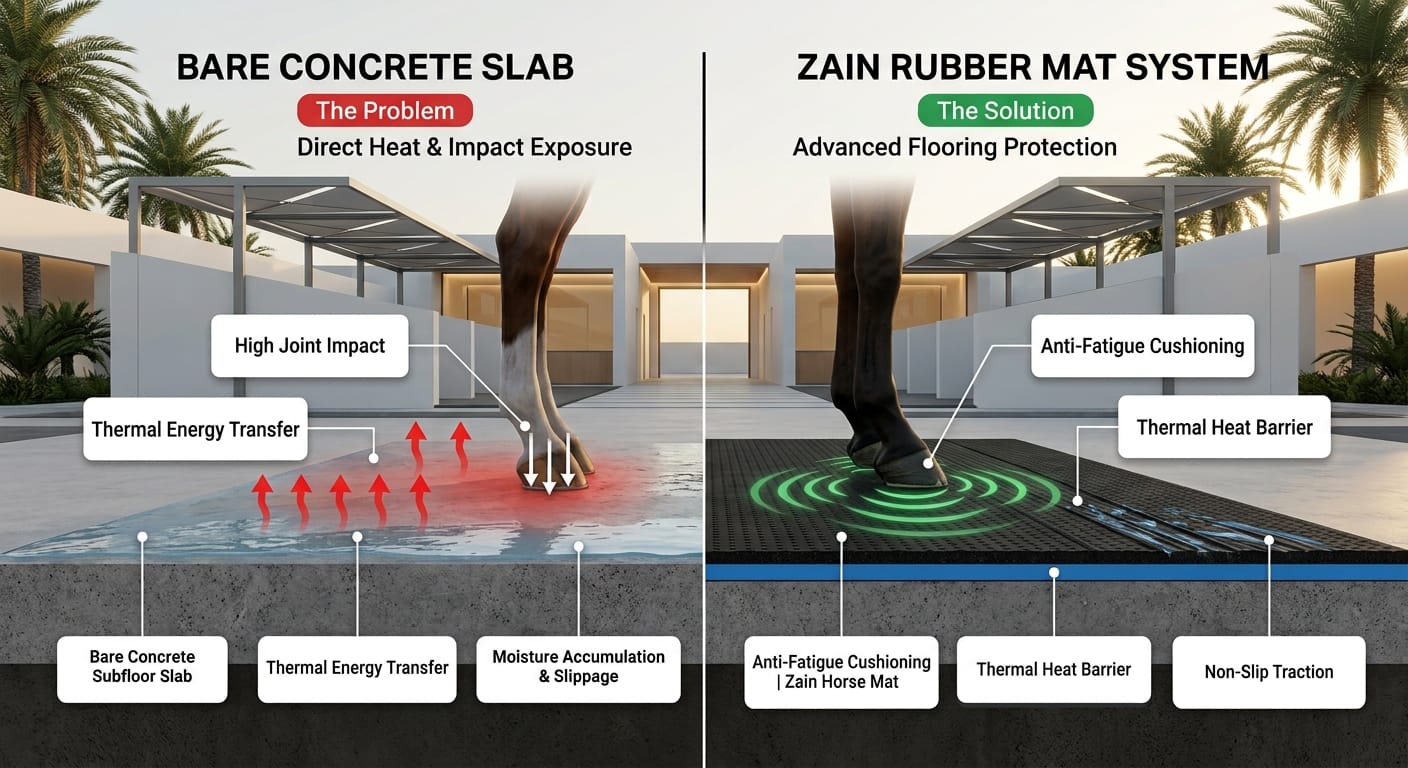 Cross-section comparison diagram of concrete subfloor stress versus cushioned rubber mat protection in a Dubai horse stable.