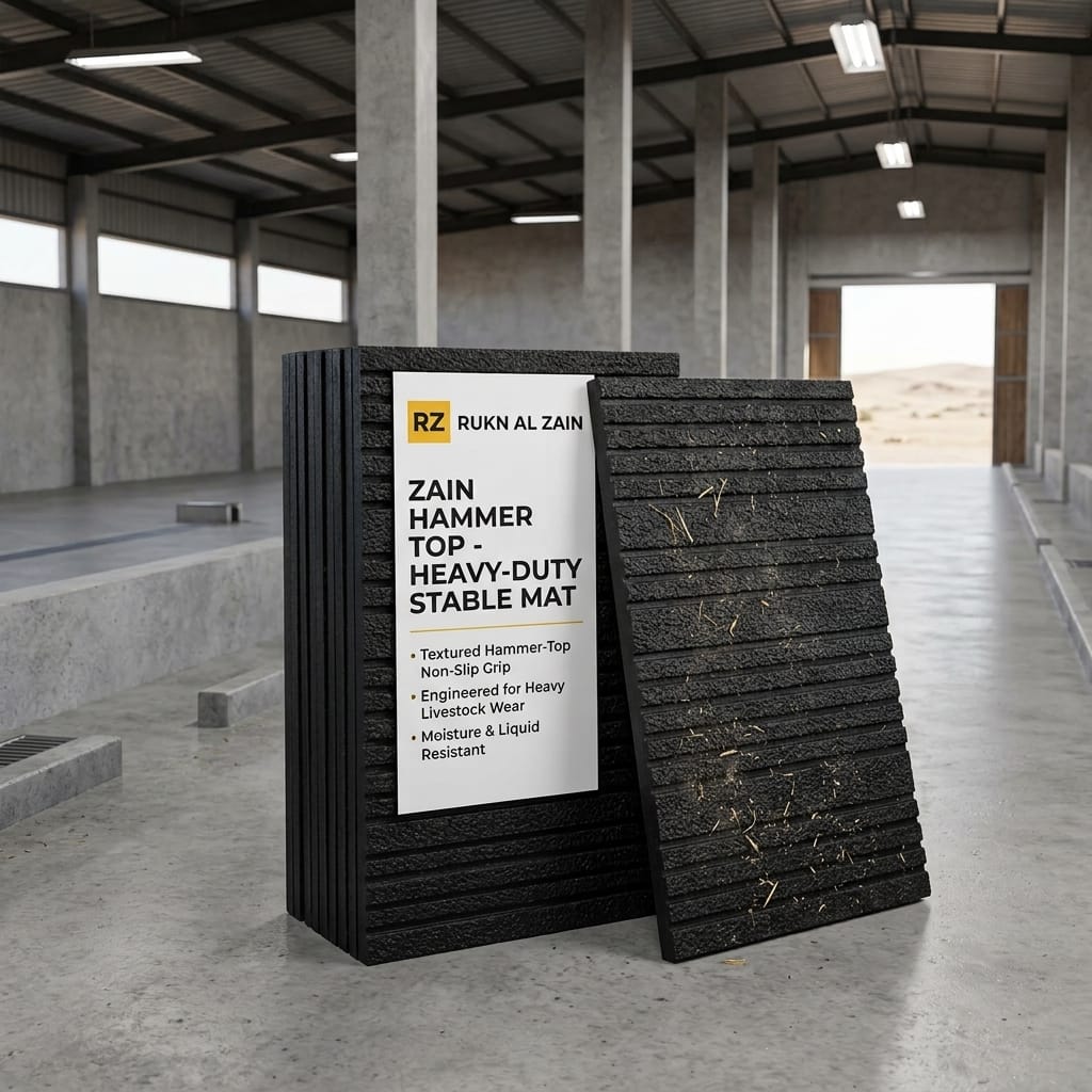 Zain Hammer Top textured heavy-duty rubber mats in a stable aisle