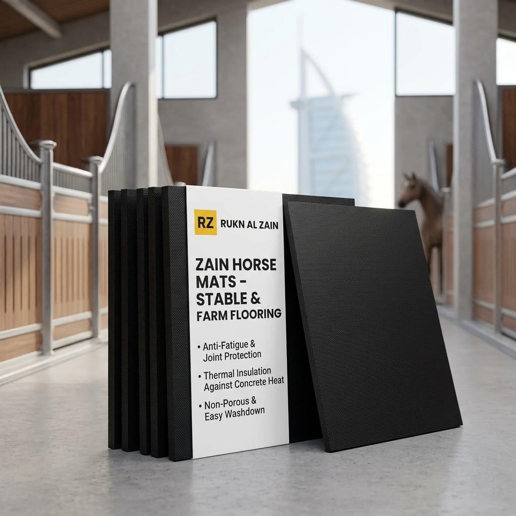 Zain non-slip rubber horse stall mats laid in a stable