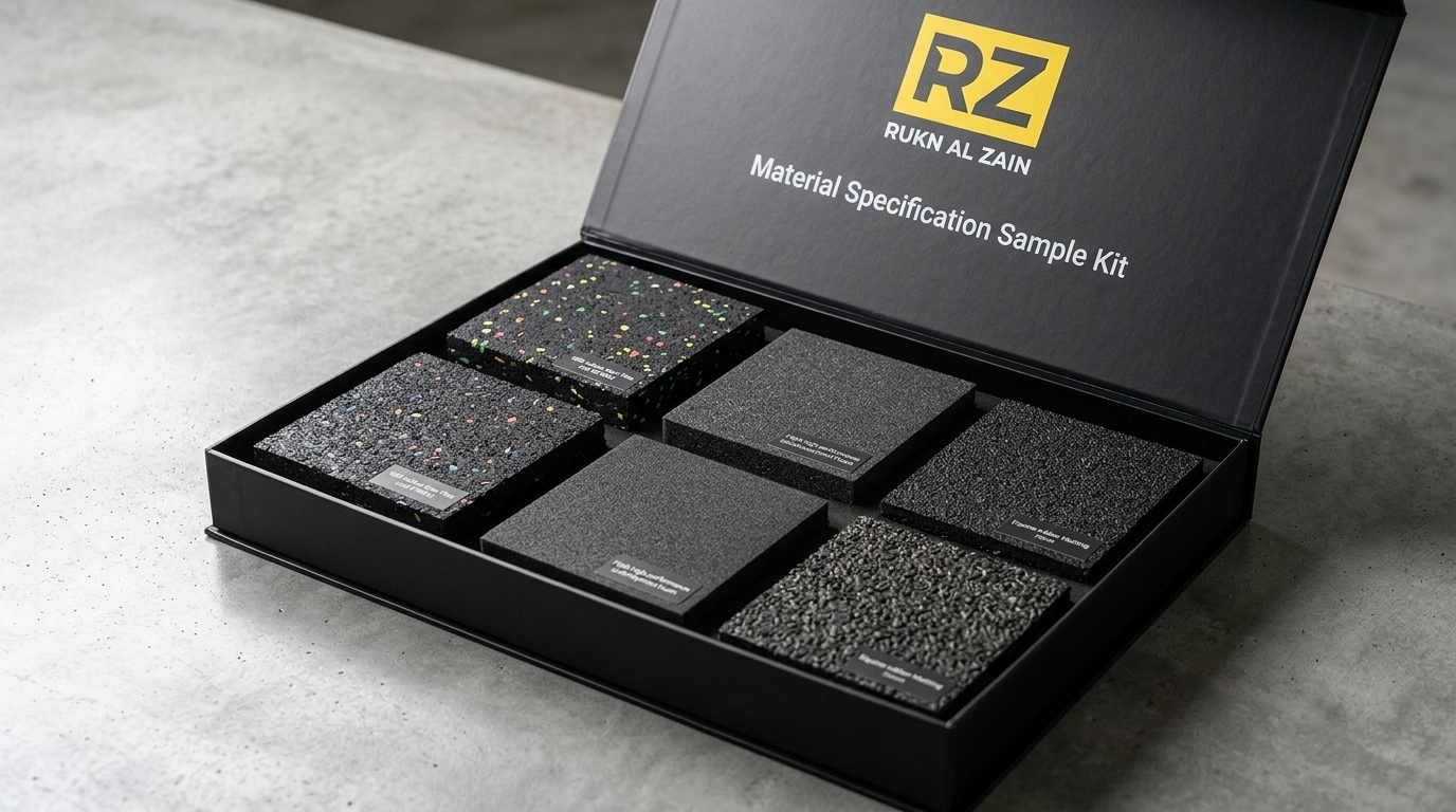 Rukn Al Zain physical product sample box with rubber flooring and acoustic underlayment samples