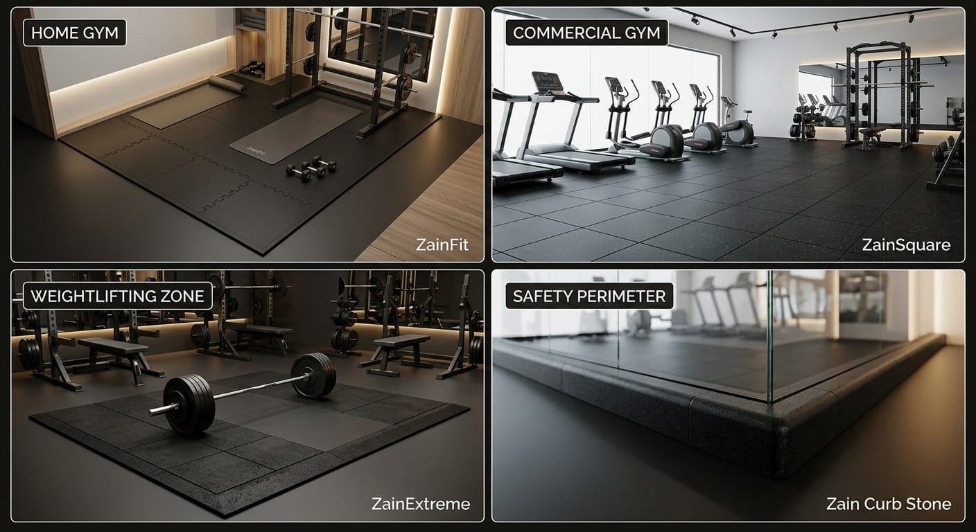 Multi-panel visual guide showing rubber flooring applications across commercial gyms, home studios, weightlifting platforms, and perimeter curb barriers.