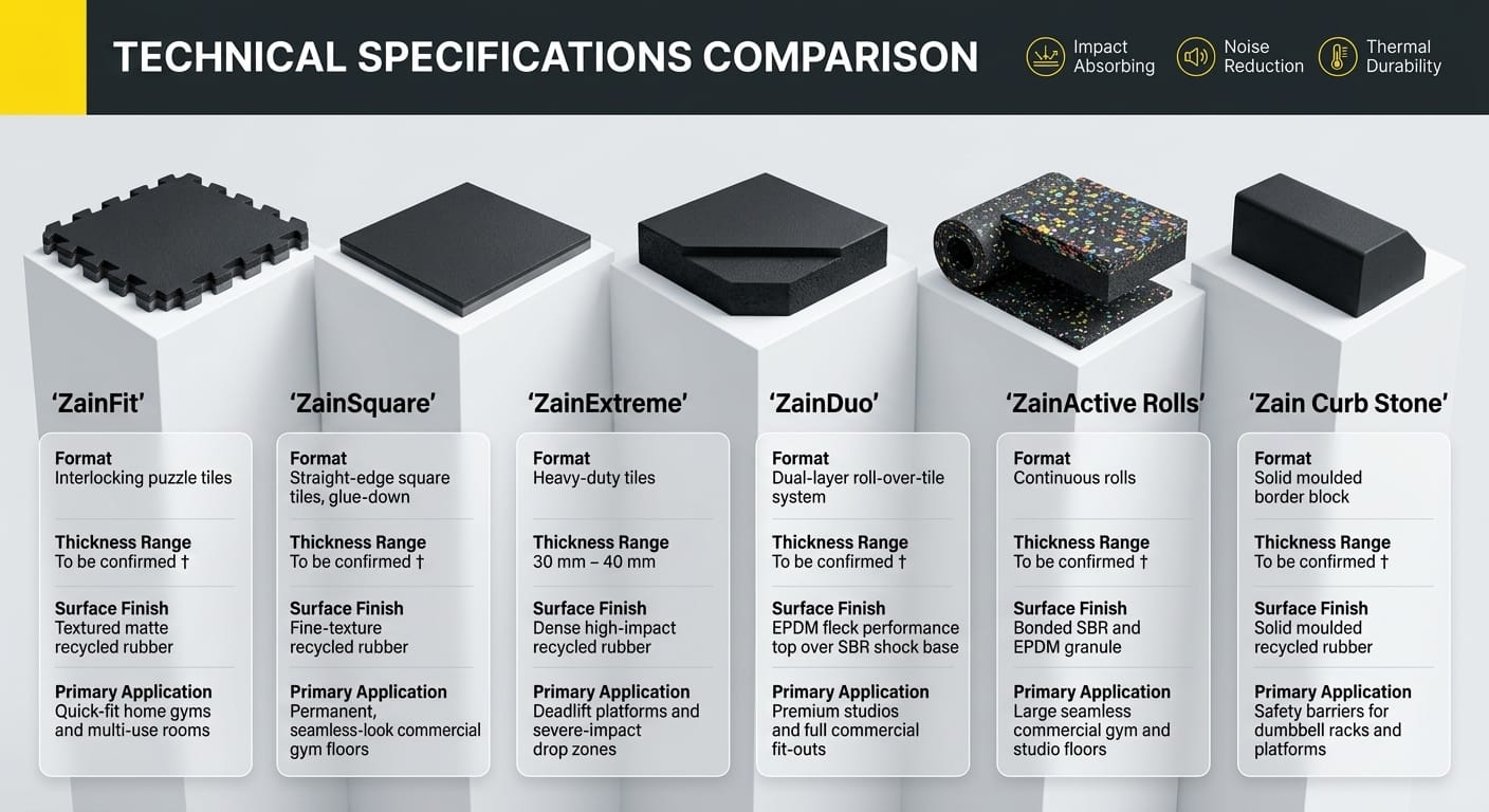 Technical specification matrix graphic comparing Rukn Al Zain gym rubber flooring products, thickness ranges, formats, and impact ratings.