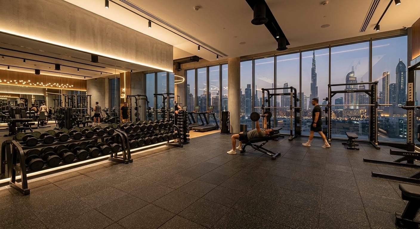 High-density rubber gym flooring installed in a commercial fitness facility in Dubai, UAE.