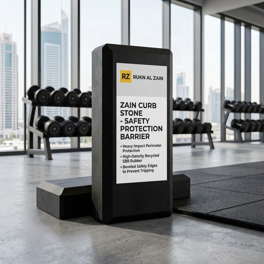 Zain rubber curb stones lining the edge of a gym free-weight area
