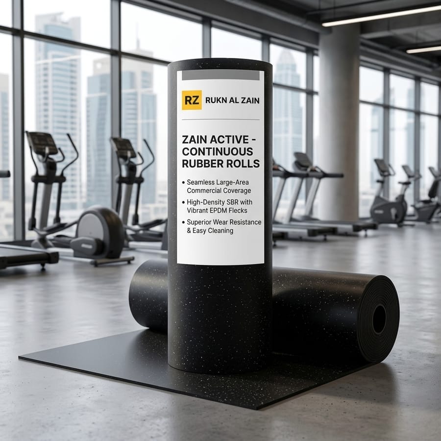 Zain Active SBR and EPDM rubber flooring roll unrolled across a gym floor