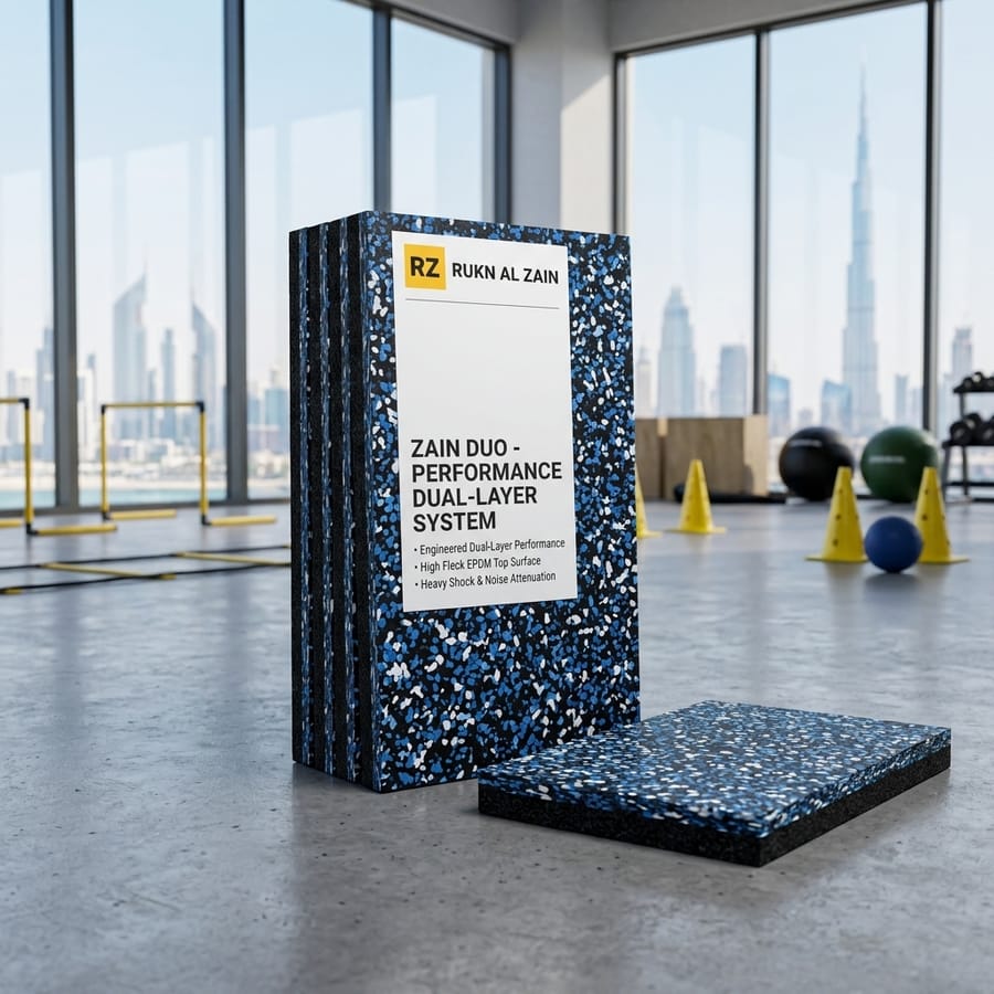 ZainDuo performance dual-layer rubber fitness flooring with EPDM flecks.