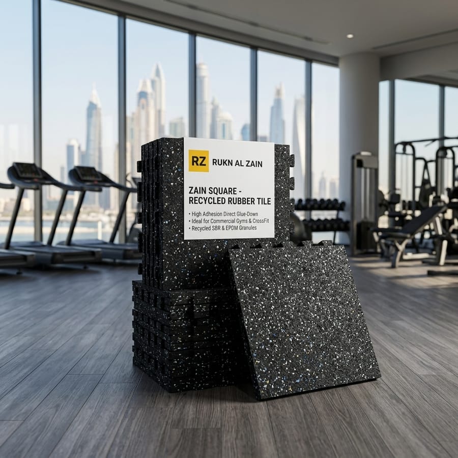Zain Square glue-down square recycled-rubber gym tiles on a concrete floor