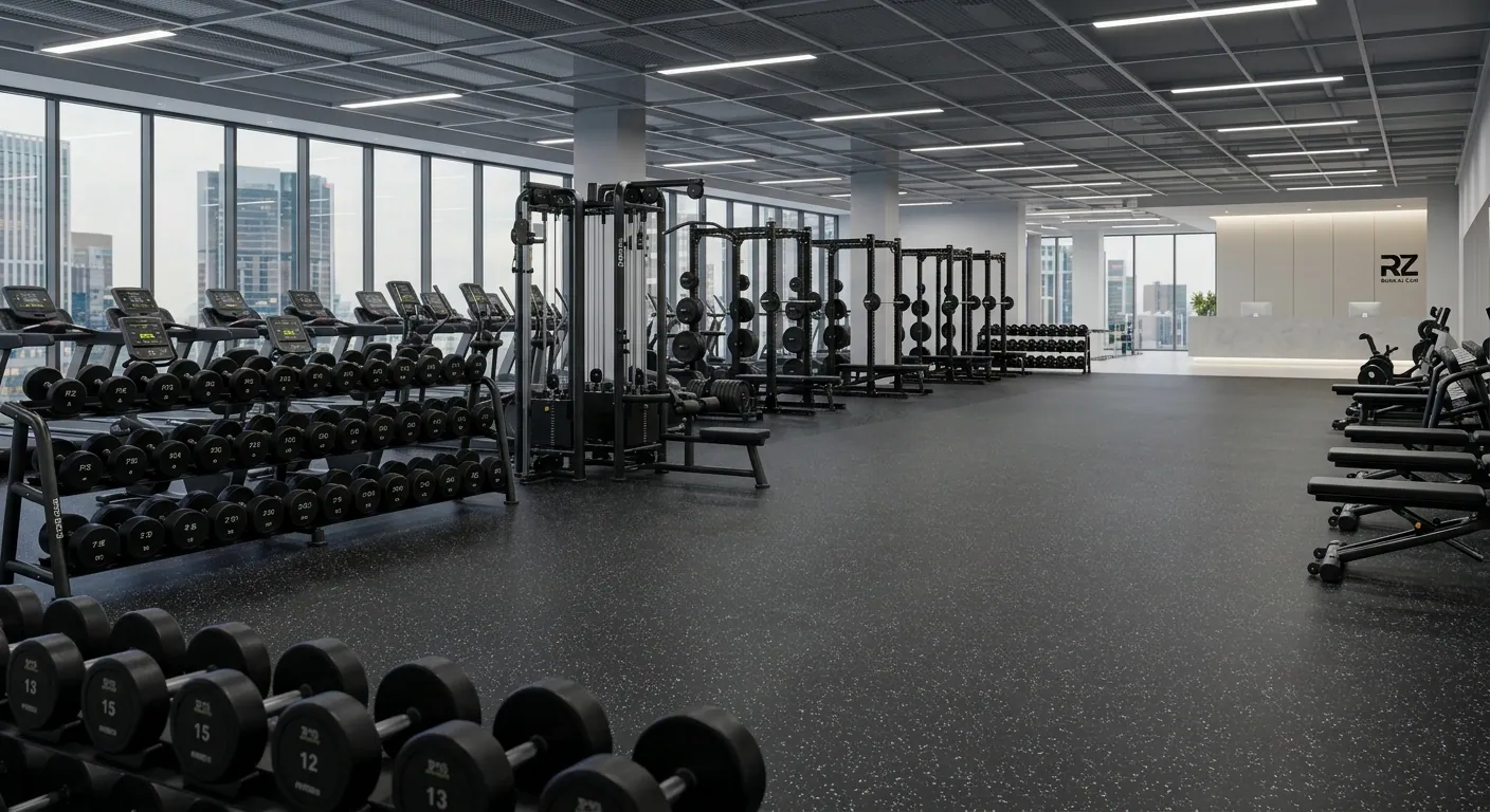 Continuous EPDM speckled rubber gym flooring rolls unrolled over concrete in a modern Dubai fitness facility.