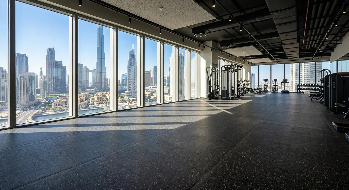 Continuous rubber gym flooring rolls installed over a concrete subfloor in a high-rise Dubai fitness center with skyline views.