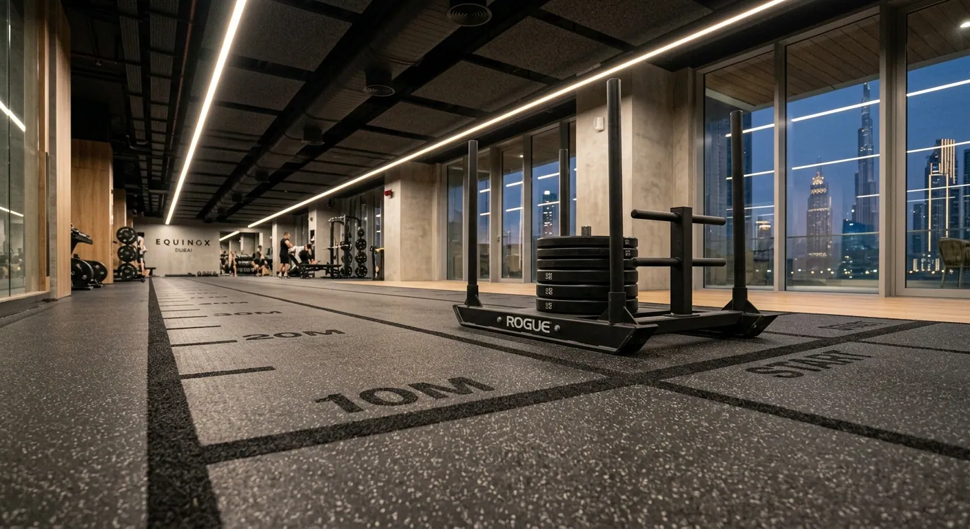 Sled push track area in a Dubai gym fitted with continuous rubber roll flooring.
