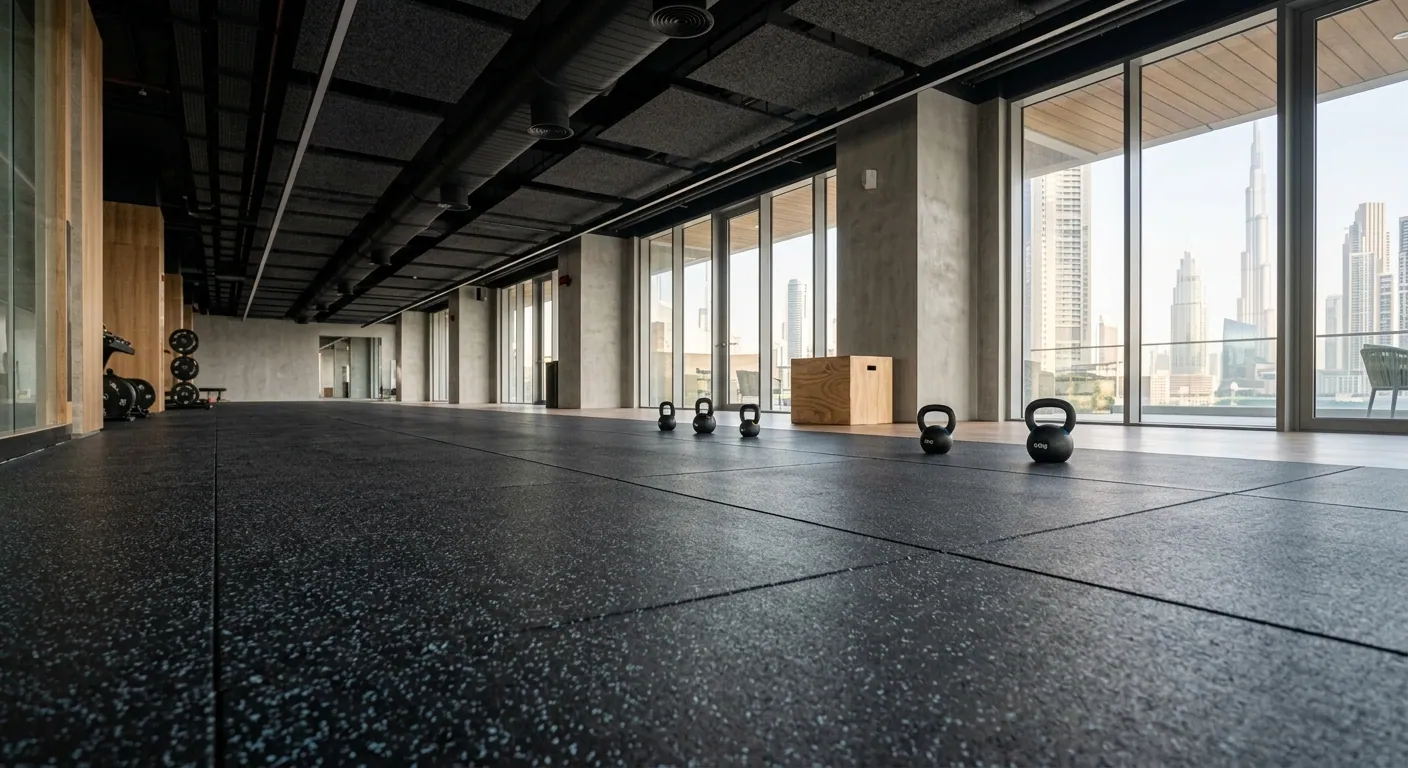 High-rise boutique gym studio floor featuring sound-dampening rubber flooring rolls in Dubai.