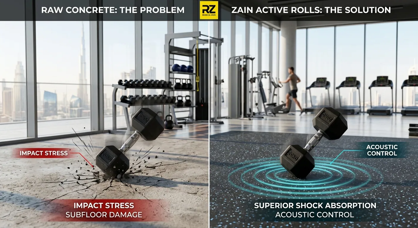 Side-by-side comparison diagram showing concrete subfloor impact damage versus shock absorption using continuous rubber gym flooring rolls in Dubai.