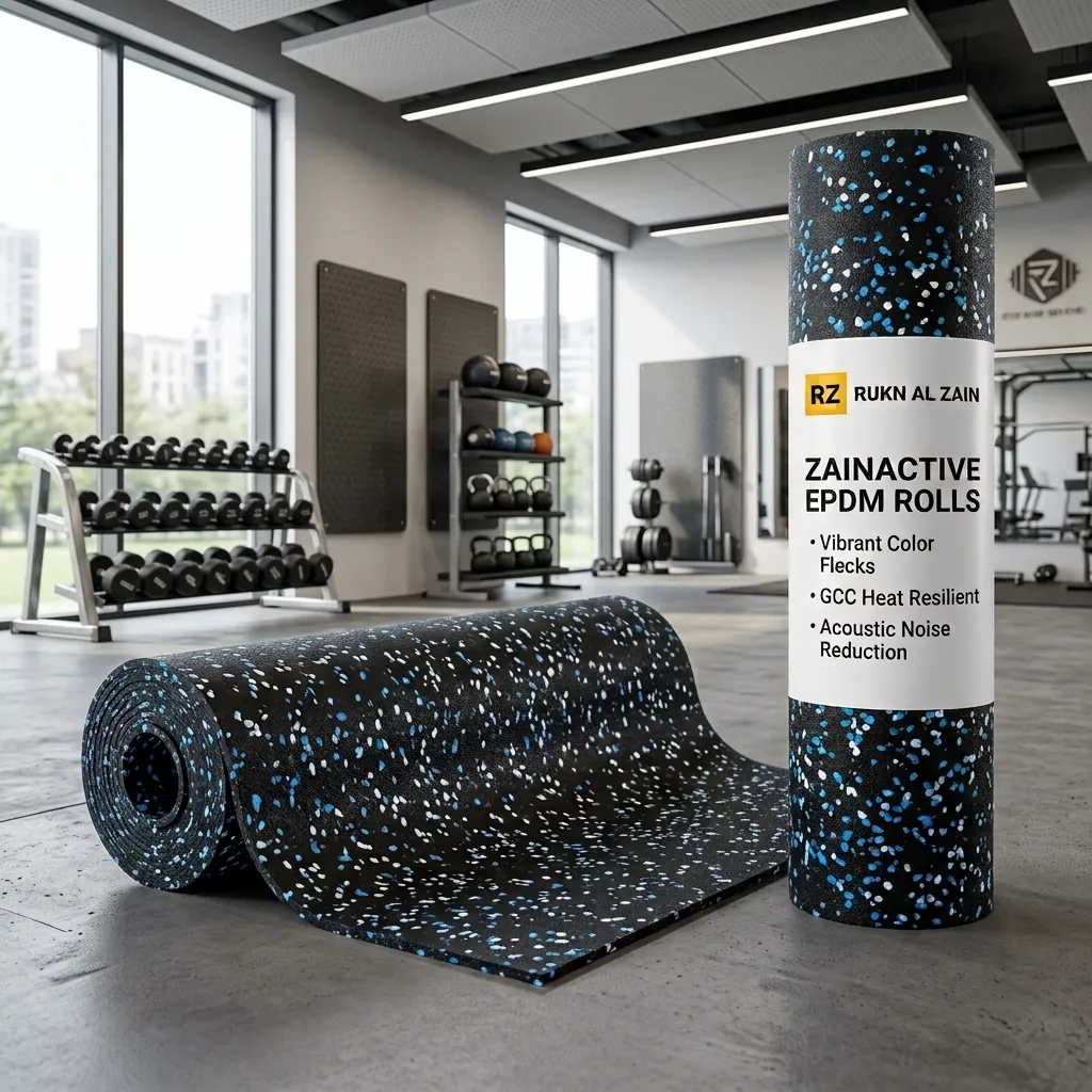 Blue and white EPDM speckled rubber gym roll for commercial fitness centers.
