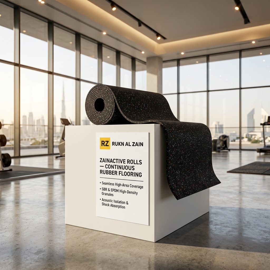 ZainActive rubber gym flooring roll displayed on a pedestal featuring the Rukn Al Zain product label logo in a modern Dubai showroom