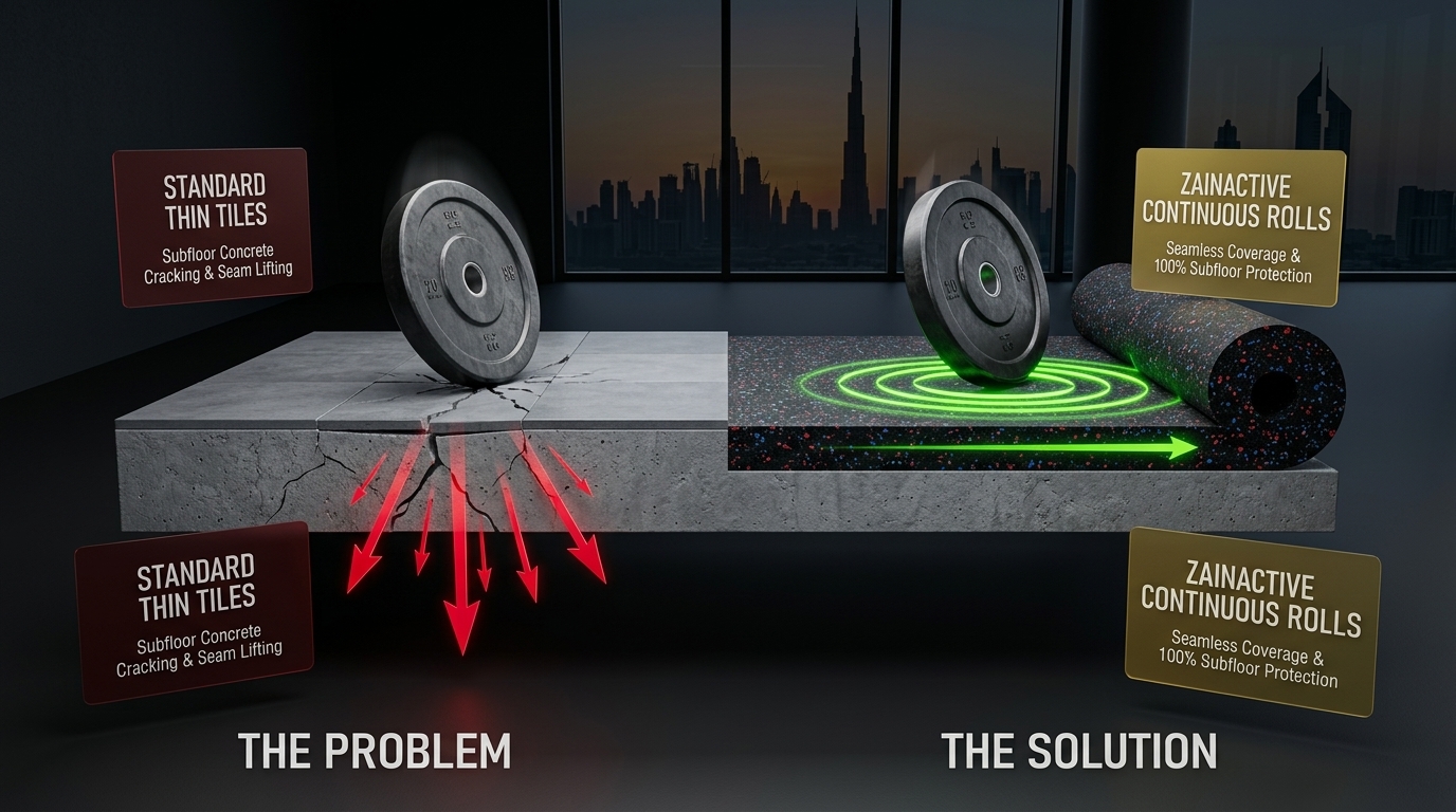 Visual comparison showing dynamic seam lifting on tiled gym flooring versus a continuous ZainActive rubber roll surface