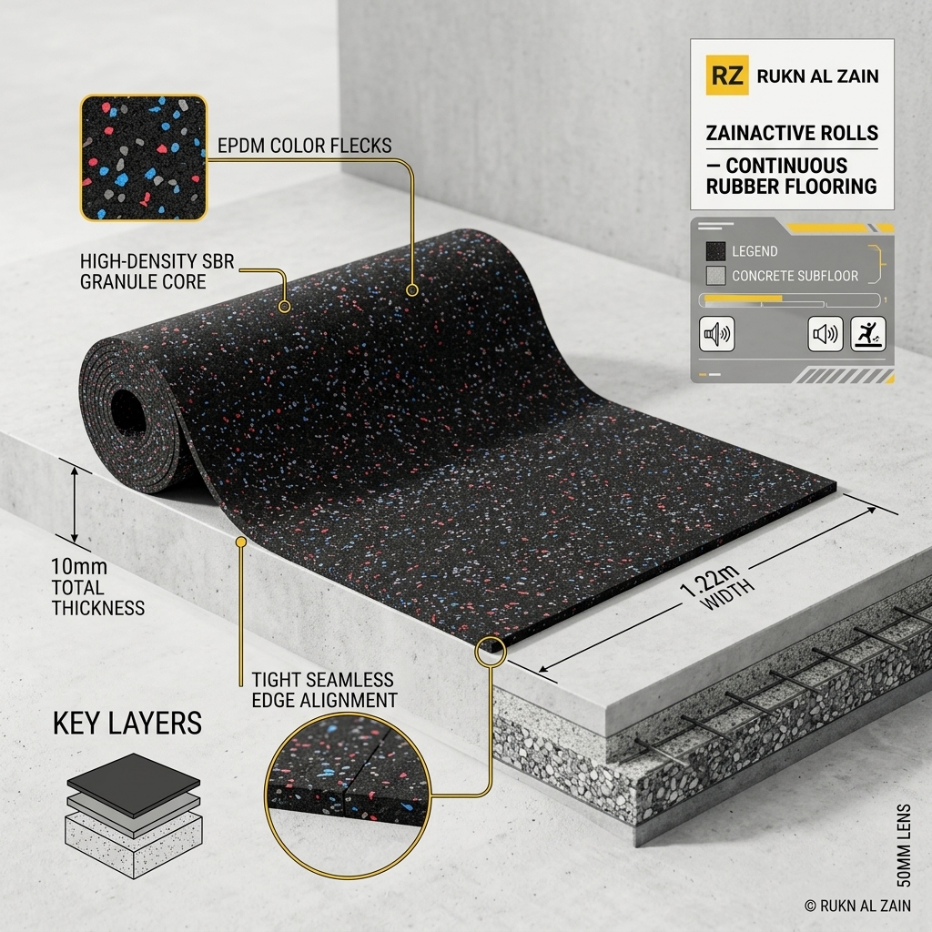 Technical cross-section diagram detailing ZainActive rolls specification, showing the recycled SBR body with EPDM colour flecks and non-slip matte finish