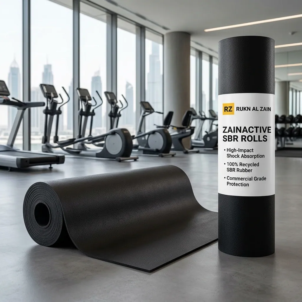 Continuous black SBR rubber gym flooring roll installed in a Dubai gym.
