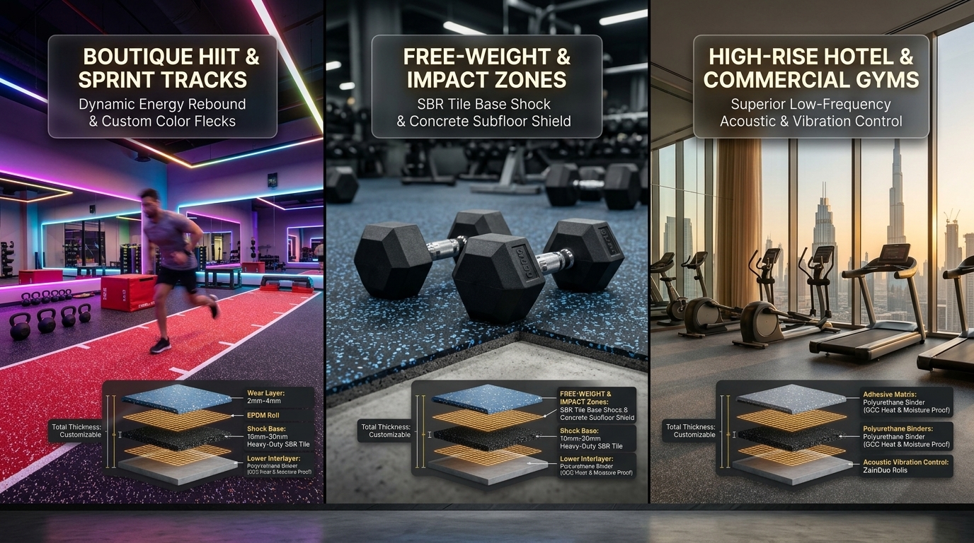 Dramatic 3-panel visual guide showing ZainDuo installed in boutique HIIT studios, commercial free-weight zones, and luxury hotel wellness centers
