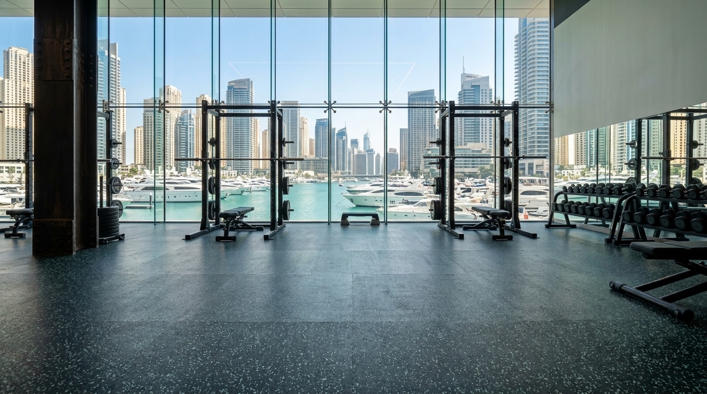 ZainDuo performance gym flooring installed in a Dubai Marina high-rise fitness facility with tower and waterfront views through floor-to-ceiling windows