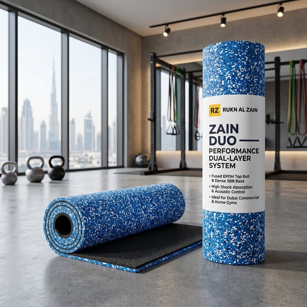Zain Duo performance rubber roll over an SBR rubber tile base in a commercial gym