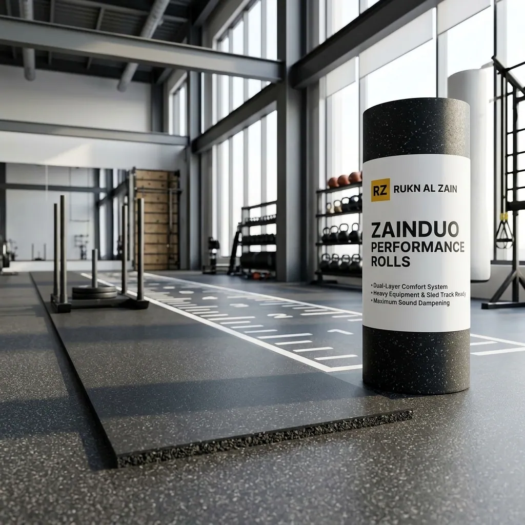 Dual-layer performance rubber roll flooring for functional sled tracks and sprint zones.