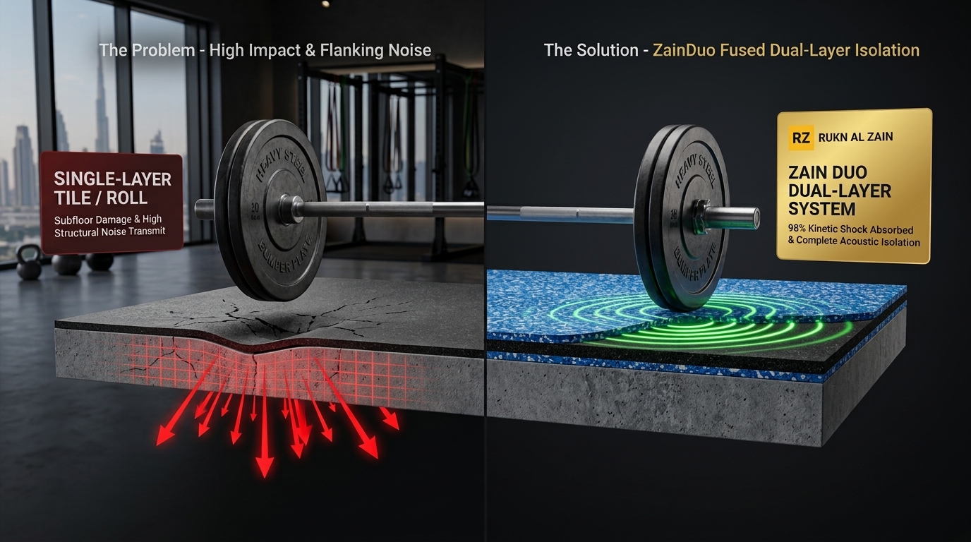 Dramatic 3D architectural cross-section diagram showing ZainDuo fused EPDM top roll and SBR tile base absorbing dynamic weight drops in a Dubai gym