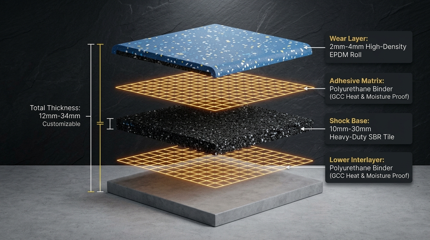 Technical graphic of a ZainDuo floor build-up showing the EPDM performance roll fused over the dense SBR tile base with thickness callouts