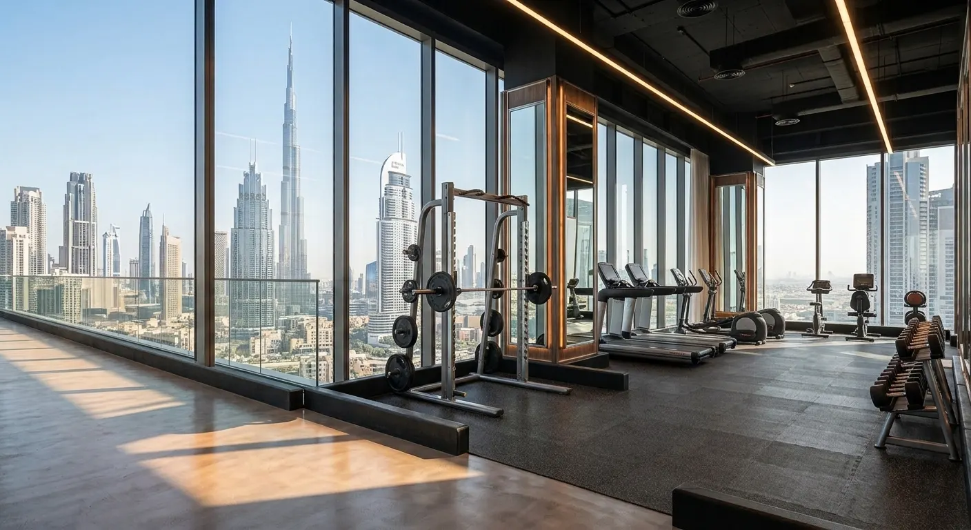 Modern Dubai high-rise gym floor with heavy SBR rubber curb stone protection barriers overlooking Business Bay skyline views.